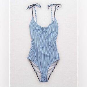 Aerie Seersucker & Gingham Blue White Navy Tie Straps One Piece Swimsuit
